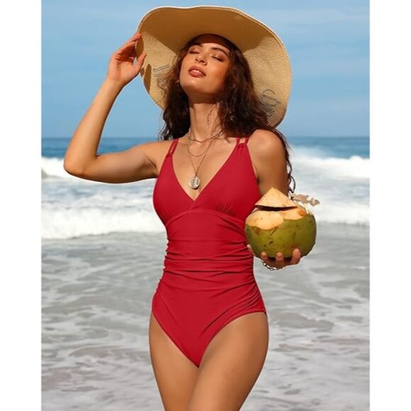 Charmo One Piece Tummy Control Swimsuit Ruched Strappy V Neck In Red - Size 2XL - Picture 5 of 9